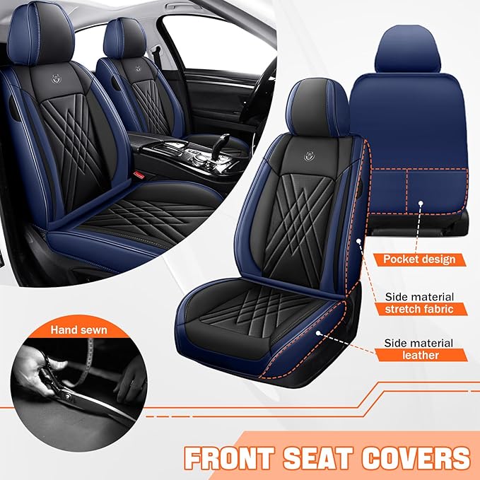 Car Seat Covers Compatible with Toyota Camry 2012-2026 Durable Waterproof Automotive Seat Covers Stretchable Fabric Material, Airbag Compatibility, Premium Nappa Leather(Black Blue, 2 Pcs Front)
