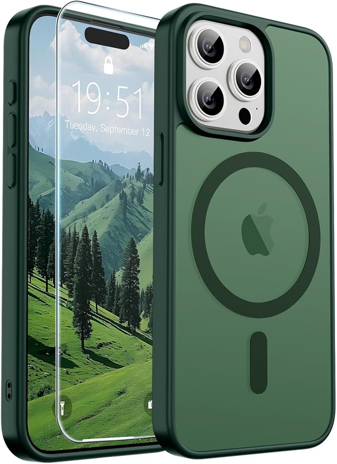SUPFINE Magnetic for iPhone 15 Pro Max Case (Compatible with MagSafe) (Military Grade Drop Protection) Slim Translucent Matte Shockproof with Anti-Fingerprint Phone Case, Forest Green