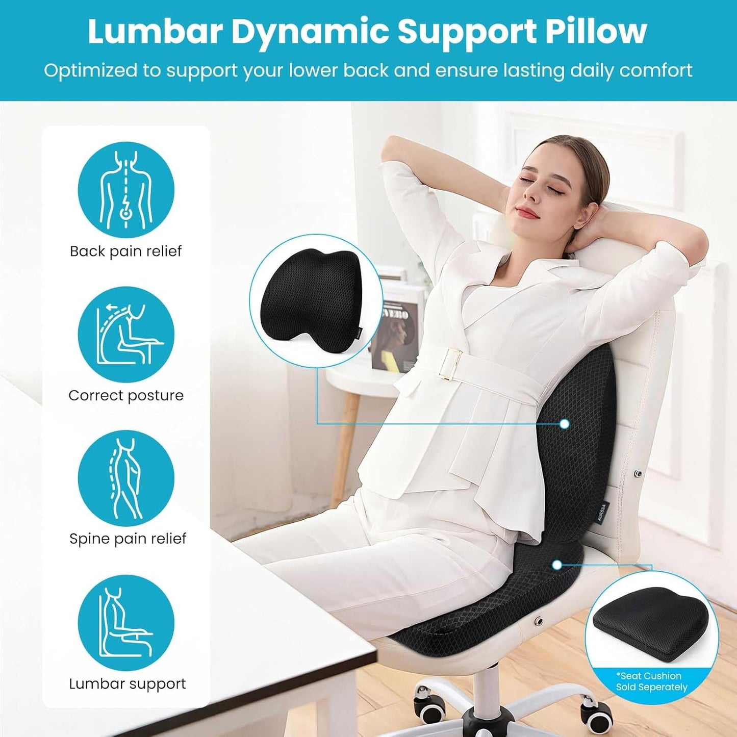 Lumbar Support Pillow Office Chair Car Back Pillow Ergonomic Lower Back Pain Relief Breathable Air Fiber Cushion with Hours Sitting on Worker Driver & Handicapped, Adjustable Strap (Black)