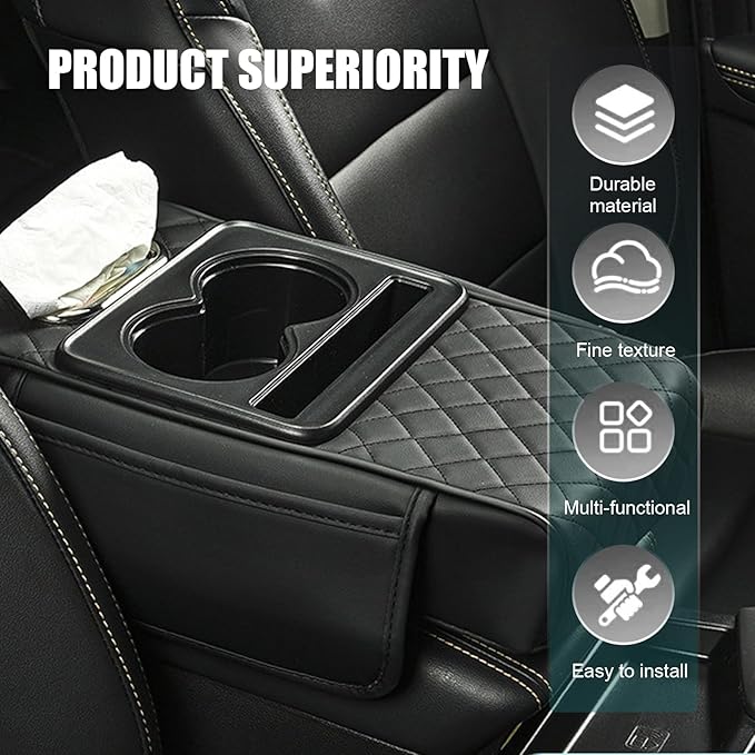 Car Armrest Cushion, Multifunctional Car Center Console Cover, 5-in-1 Automotive Center Console Cover with Storage Box, Cup Holder, Tissue Box and Phone Slot, Universal for Most Cars