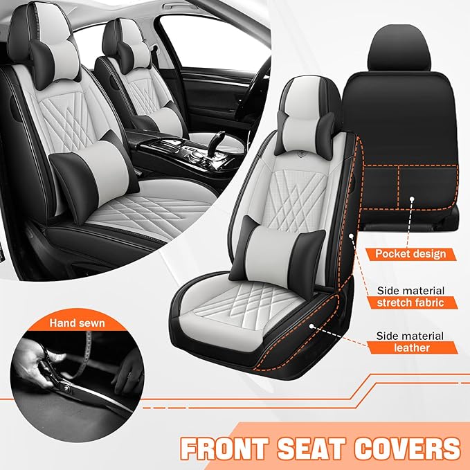 Car Seat Covers Compatible with Toyota Camry 2012-2026 Durable Waterproof Automotive Seat Covers Stretchable Fabric Material,Airbag Compatibility,Nappa Leather(Black White,Full Set with Pillow)