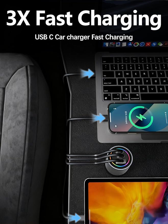 HKyoriyoi 175W USB C Super Fast Car Charger, PD3.1 140W PD3.0 100W Fast Charging Type C Car Phone Charger, 3-Port GaN Cigarette Lighter Adapter for Laptop, MacBook, iPad, iPhone 16 Pro, Samsung S25