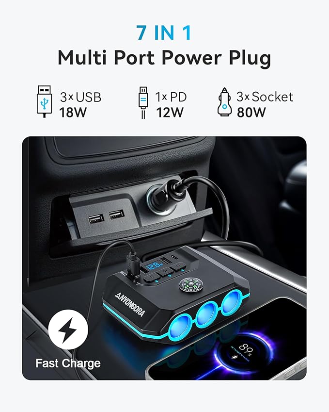 Anyongora 7-in-1 Cigarette Lighter Splitter, 120W Car Charger Adapter with 3 Sockets & Independent Switches, 4 USB Ports (USB-A/USB-C), LED Voltage Display, UL Certified, Built-in Fuse + Spare Fuse