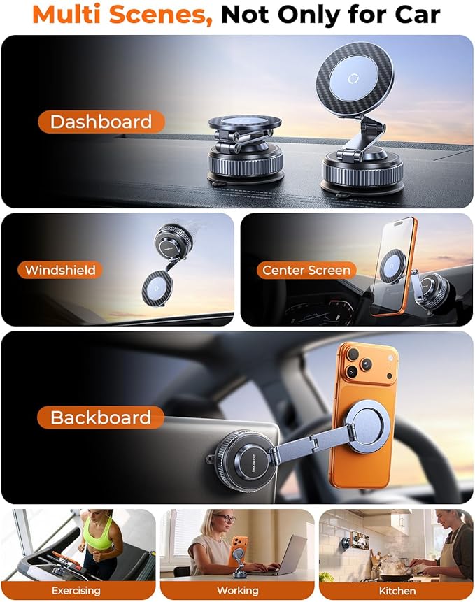 2026 Upgraded 360°Rotation Nano Gel Suction Phone Holder, Foldable Metal Vacuum Magnetic Phone Holder [119+LBS Max Suction] Tesla model Y/3 MagSafe car Phone Mount for iPhone 17 16 Pro Max S26 Ultra