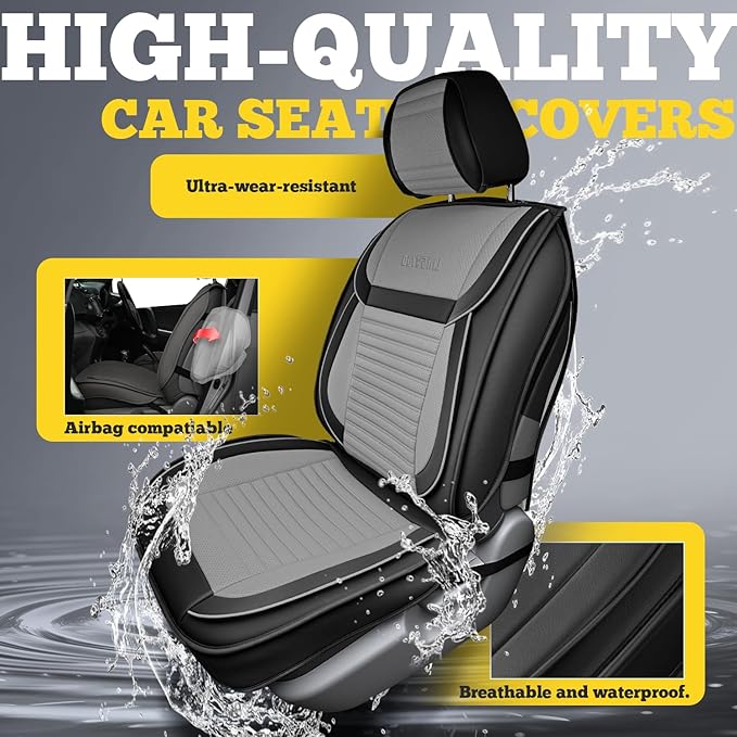 LINGVIDO Full Set Car Seat Covers, Faux Nappa Leather, Airbag Compatible and Waterproof Protectors for Sedans SUVs, Breathable Interior for Active Families, Pets, and Commuters (5 Seats, Black/Gray)