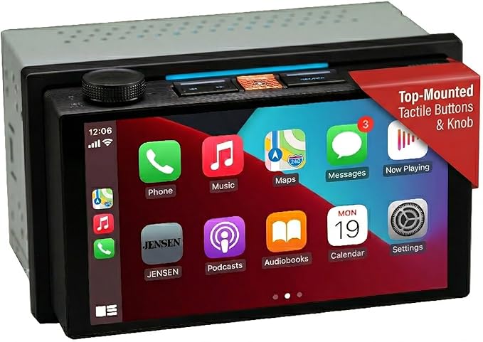 JENSEN J5UP7 7-inch Top Mount Control Touchscreen Receiver with Certified Wireless Apple Carplay Android Auto | Double DIN Car Stereo with Bluetooth | IllumiNITE Custom Colors | Backup Camera Input
