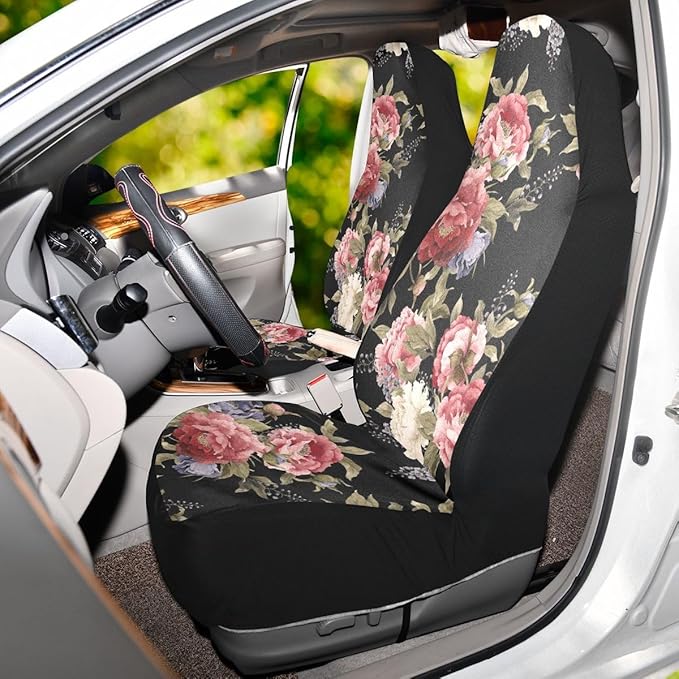 Dark Vintage Floral Flowers Print Car Seat Covers Set of 2,Seamless Floral Pattern with Peonies Watercolor Universal Auto Front Seat Protector for Women Cute Car Accessories Fit for Car Truck