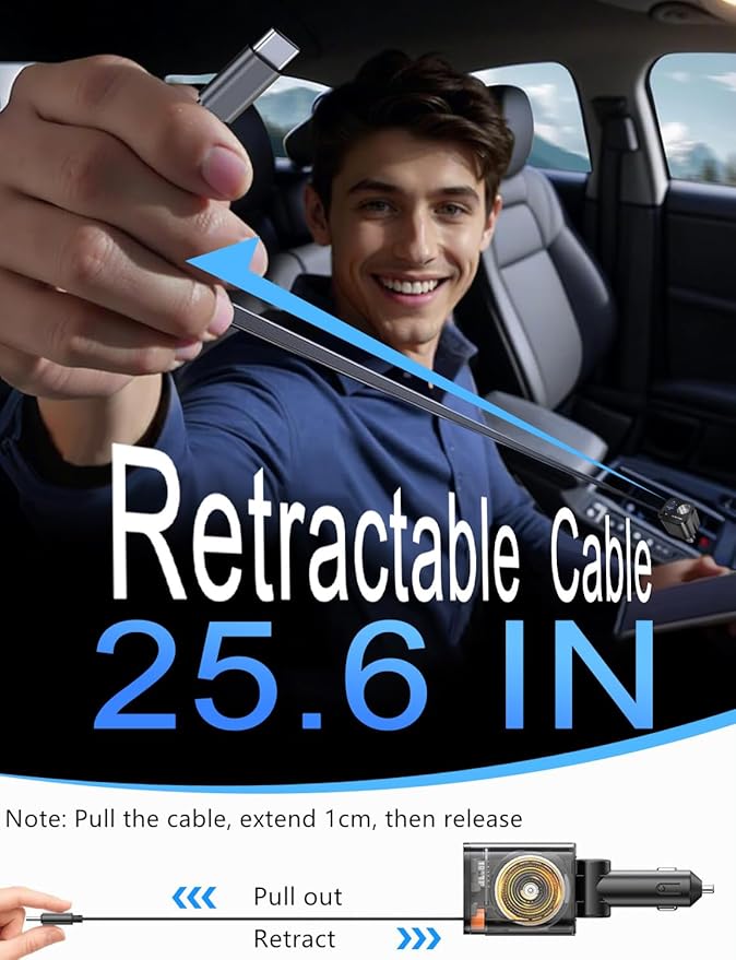 4 in 1 Retractable Car Charger, [60% Smaller] 145W USB C Cigarette Lighter Adapter, Socket Splitter with Retractable Cable&USB-C/A Port, 12V/24V Fast Charging Car Phone Charger for iPhone 17 Pro Max