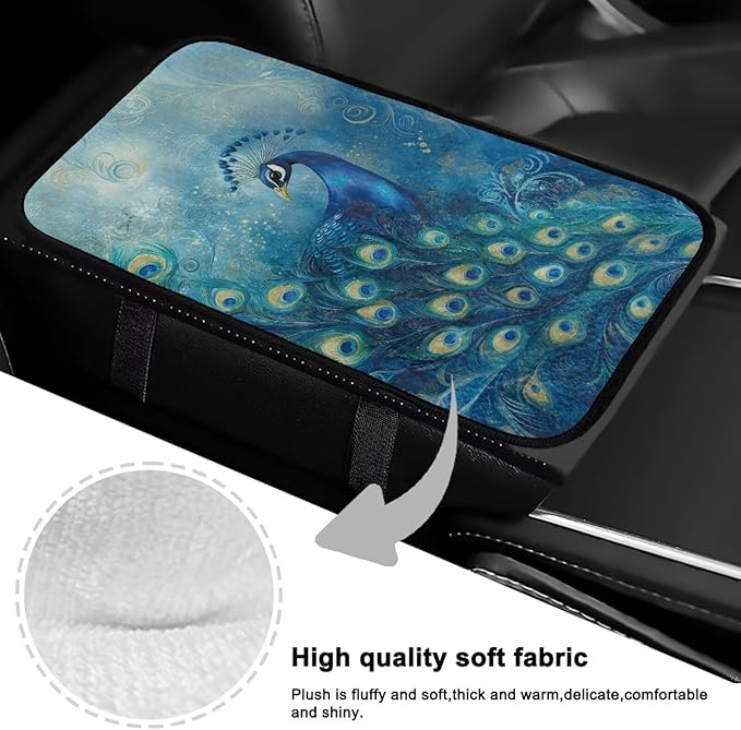 Blue Peacock Armrest Cover Full Coverage Car Arm Rest Cushion Washable Middle Console Lid Cover Pad Protector Elbow Universal Fits Most Cars, SUVs, Trucks and Vans