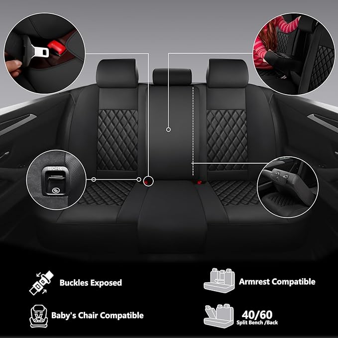 Car Seat Covers Full Set,Universal Fit for Cars,SUVs,Trucks,and Sedans with 5 Seats,Faux Leather Car Seat Cushion Compatible with Airbags,Waterproof Car Seat Protector Black
