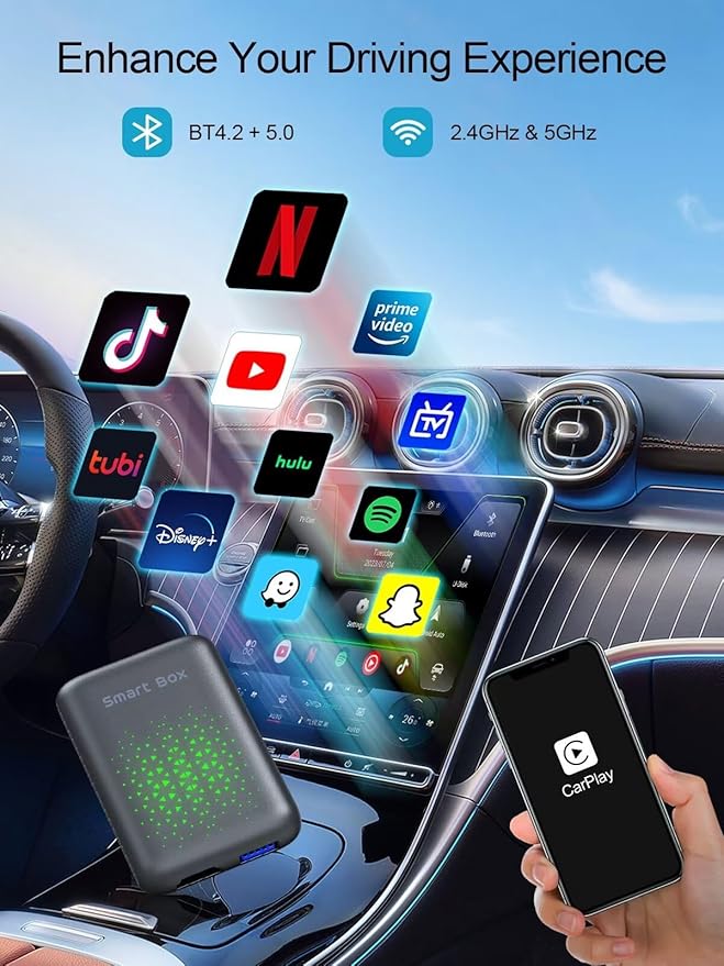 Wireless Carplay & Android Auto Adapter, Carplay AI Box 2.0 with YouTube/Netflix/Tiktok, Streaming HDMI Devices Carplay Dongle for OEM Wired CarPlay Cars，Grey