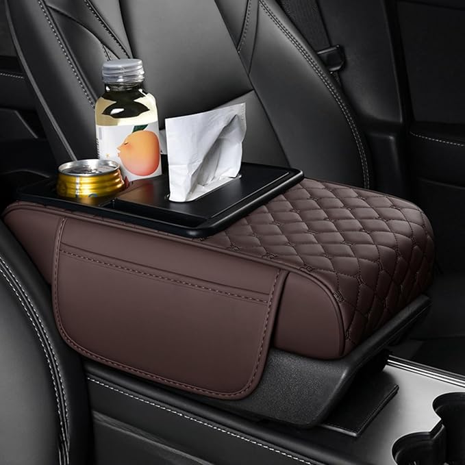 Center Console Cover Organizer, 5-In-1 Arm Rest Cover for Car with Cup Holder & Storage Pocket & Tissue Holder, Armrest Cover Cushion Pad, Grid, Brown