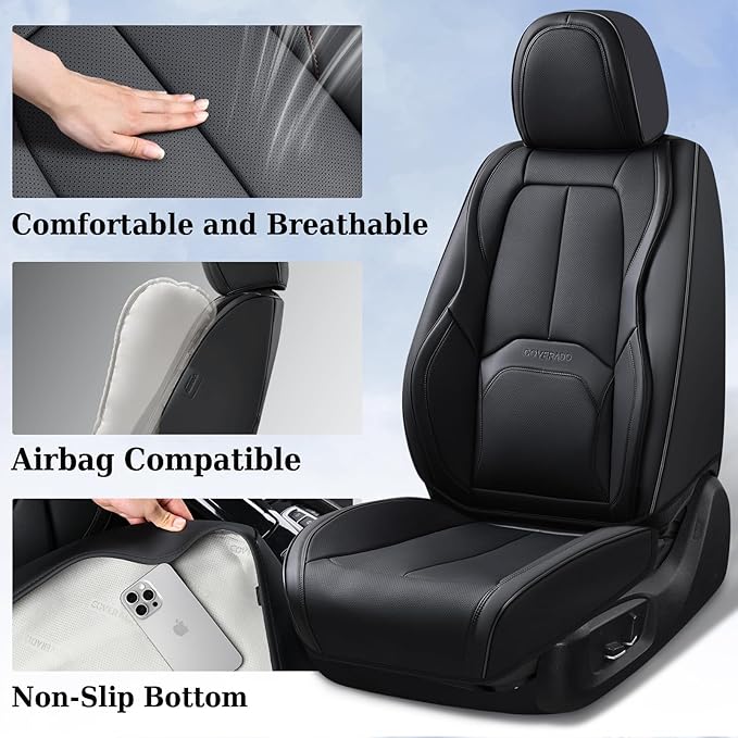 Coverado Seat Covers, Car Seat Covers Front Seats, Premium Nappa Leather Seat Covers for Cars, Waterproof Car Seat Protector with Lumbar Support, Front Seat Covers Universal Fit for Most Cars (Black)