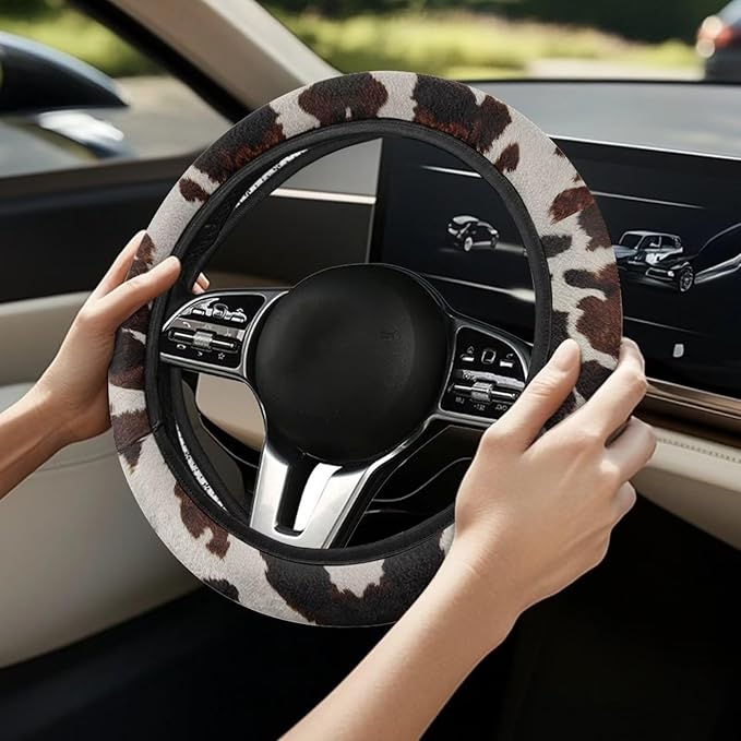 AFPANQZ Steering Wheel Cover for Women, Brown Cow Print Sweat Absorbing Non-Slip Steering Wheel Protection Case Machine Washable Elastic Flexible Universal 14 to 15 inch