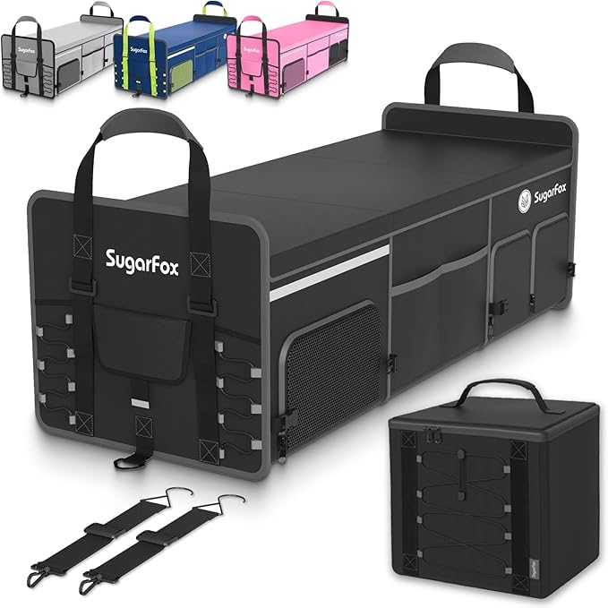Bold Color Block Trunk Organizer | 95L, 35"x13.8"x11.8" | Dedicated Shoe Storage & 26L Ice Pack | Foldable for SUV/Car/Jeep | Stylish Gift & Essential Car Accessories for Drivers - Black-X212