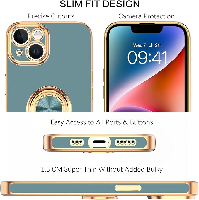 VENINGO iPhone 14 Case,Phone Cases for iPhone 14,Slim Fit Soft 360° Ring Holder Kickstand Magnetic Car Mount Supported Easy Clean Shockproof Protective Cover for Apple iPhone 14 6.1", Blue Grey/Golden