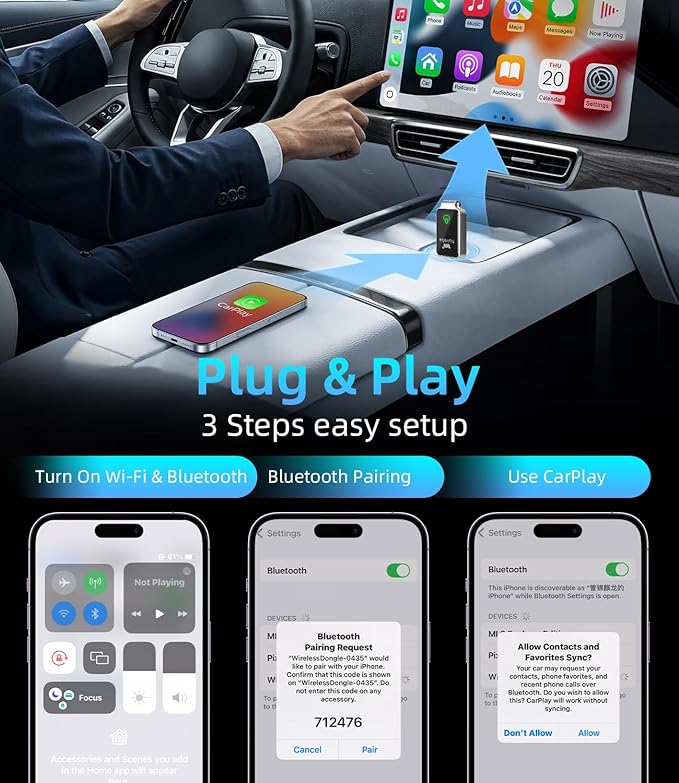 Mini Wireless Carplay Adapter for Apple iPhone, Converts Wired to Wireless Car Play Adapter, CarPlay Dongle Stick for Car(2015+), USB & Type-C Plug & Play for iPhone iOS 10+ Android 11+