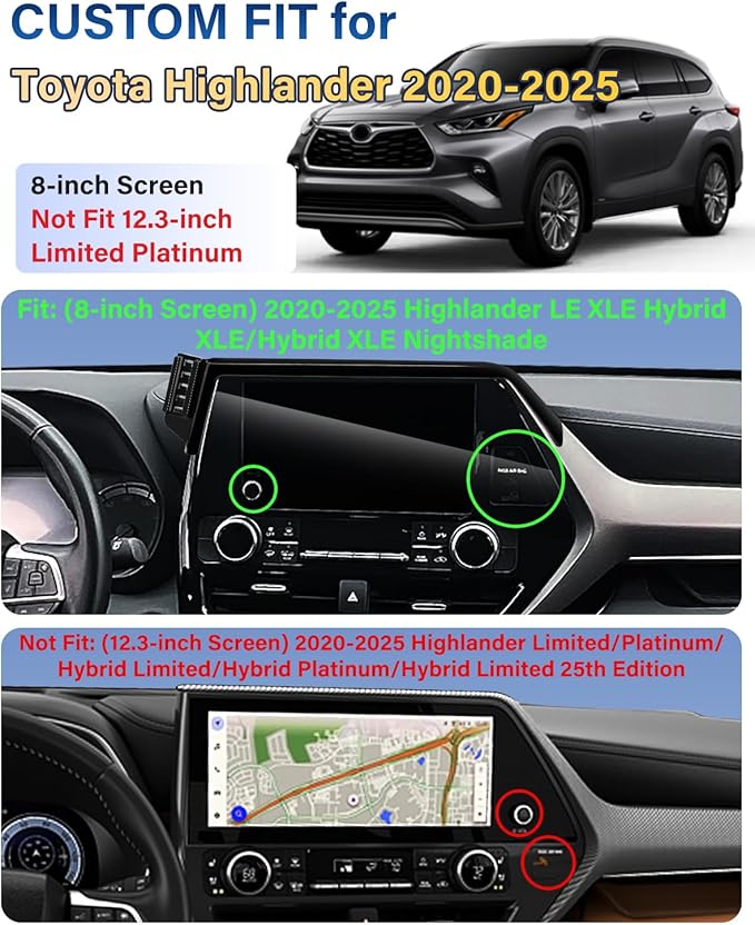 SKYLOTEC Car Phone Holder for Toyota Highlander 2020-2025 Accessories, Automobile Cradles Strong Magnetic Phone Mount Compatible with MagSafe (Only Fit 8-inch, Not Fit 12.3-inch Limited Platinum)
