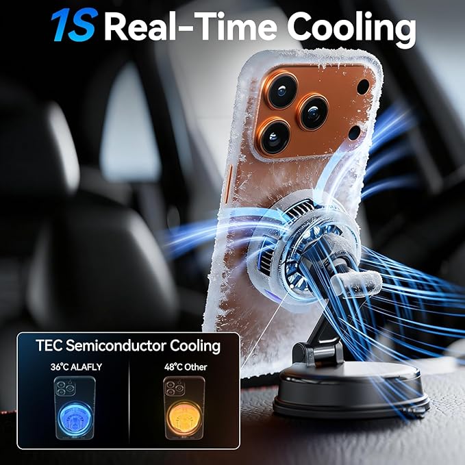 25W Certified for MagSafe Car Mount Charger with LED Light, Wireless Car Charger with TEC & Cooling Fan, 360°Rotation Strong Magnetic Phone Holder for Car with 45W Adapter for iPhone 17 Promax