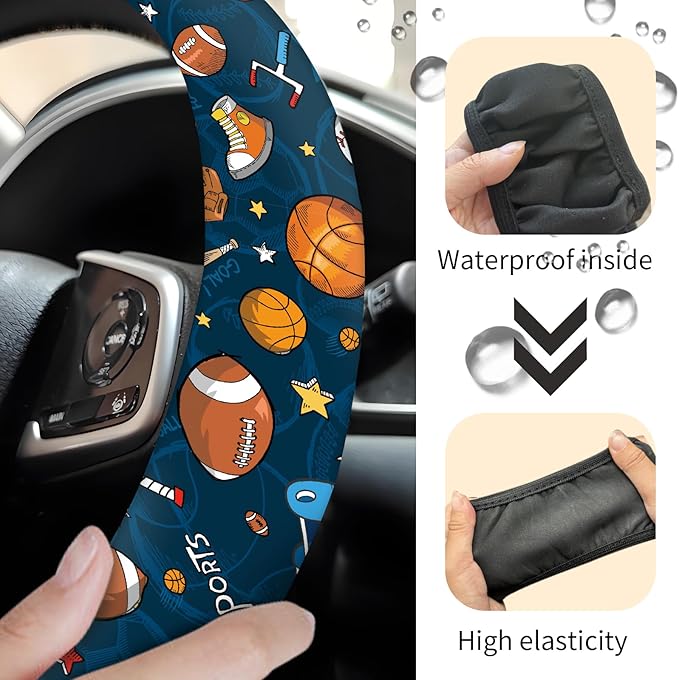 Car Steering Wheel Cover, Universal 15 Inch Neoprene Non-Slip Steering Wheel Covers, Funny Car Accessories for Women Men Fit Auto, Suvs, Truck Cute Blue Sport Balls