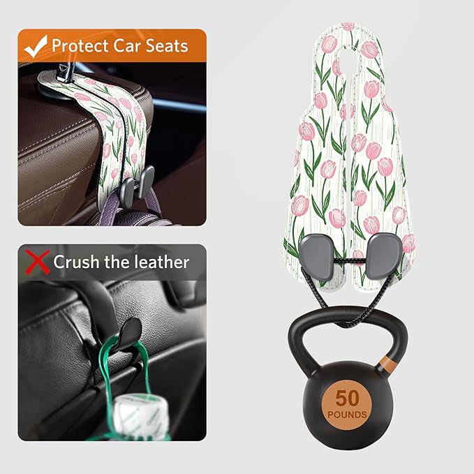 CoBak Purse Hook for Car - Universal Premium Stitched Leather and Aluminum-Magnesium Alloy Double Car Seat Back Storage Hook for Purses, Handbags, Bags (2 Pack),Tulip