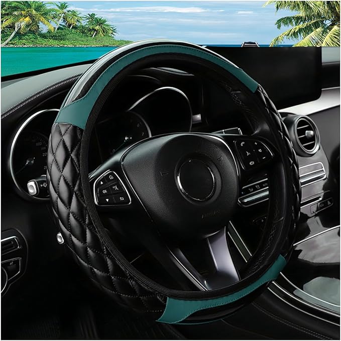 Car Steering Wheel Cover, 14.5-15inch Leather Anti-Slip Car Wheel Cover Protector, Safety Comfortable Desgin, Universal Auto Steering Wheels Accessories for Cars Truck SUV (Dark Green)