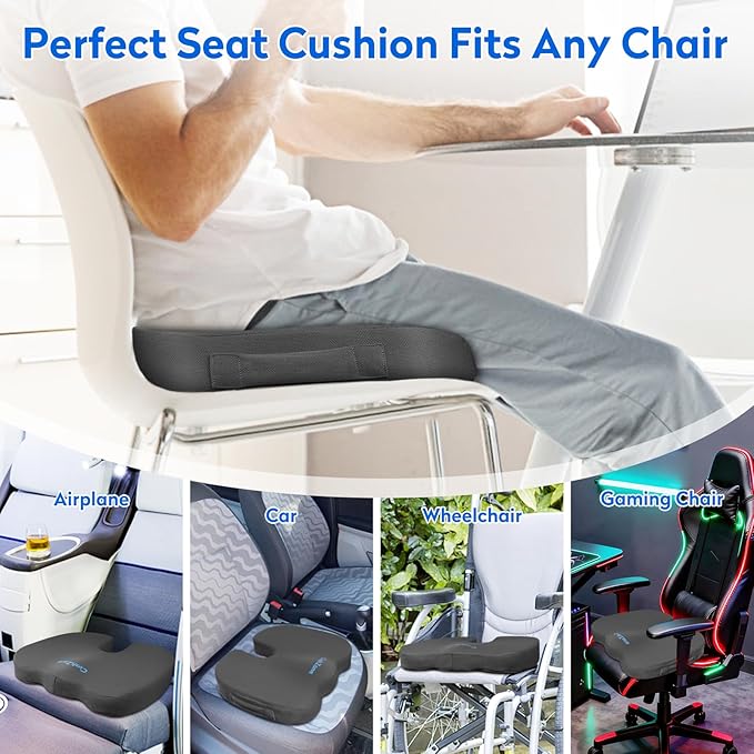 Seat Cushion, Office Chair Cushions, Car Seat Cushion, Non-Slip Sciatica & Back Coccyx Tailbone Pain Relief Chair Pad, Memory Foam Pillow for Computer Desk, Wheelchair, Driving(Grey)