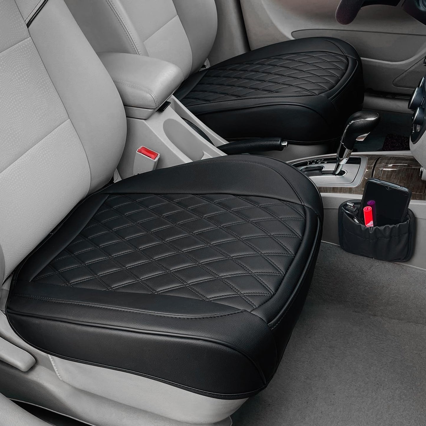 2 Pack Leather Front Car Seat Cover, Anti-Slip and Full Wrap Driver Car Seat Protectors with Storage Pocket, Luxury Waterproof Bottom Auto Seat Cushion Pad Mat for Most Vehicles(Black)