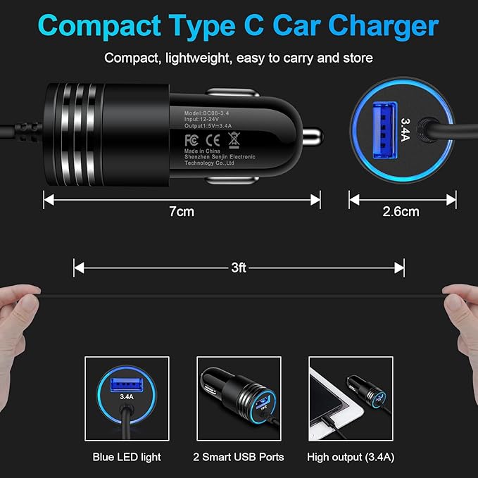 Android Car Charger Type C Samsung Car Charger Fast Charging for Samsung Galaxy S26/S25/S24/A57/A37/A17/A56/A36/A26/A16/A15/A14/A54/A53 5G/A13/S23/S22/S21/S20/Z Flip7,3.4A Car Adapter+3ft USB C Cable