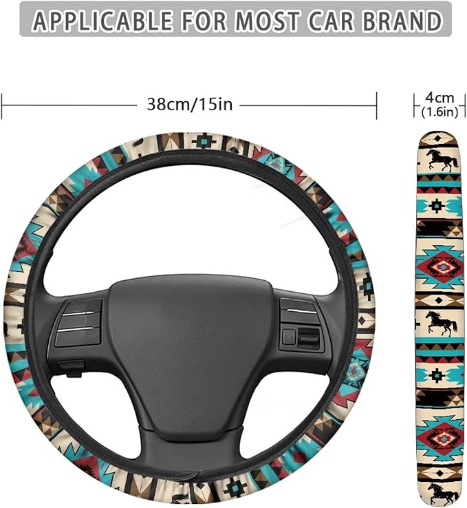 SEANATIVE Universal Steering Wheel Cover, Easy to Disassemble, Non-Slip Soft Steering Wheel Cover, Blue Aztec Hores Auto Decor Accessiores