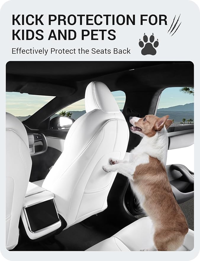 BASENOR 2026 Tesla Model Y(Juniper)/3/S/X Leather Seat Back Kick Protector, Backseat Mats for Kids (Extra Organizer Pocket) Waterproof Scratchproof Resistant Protection White (Set of 2)