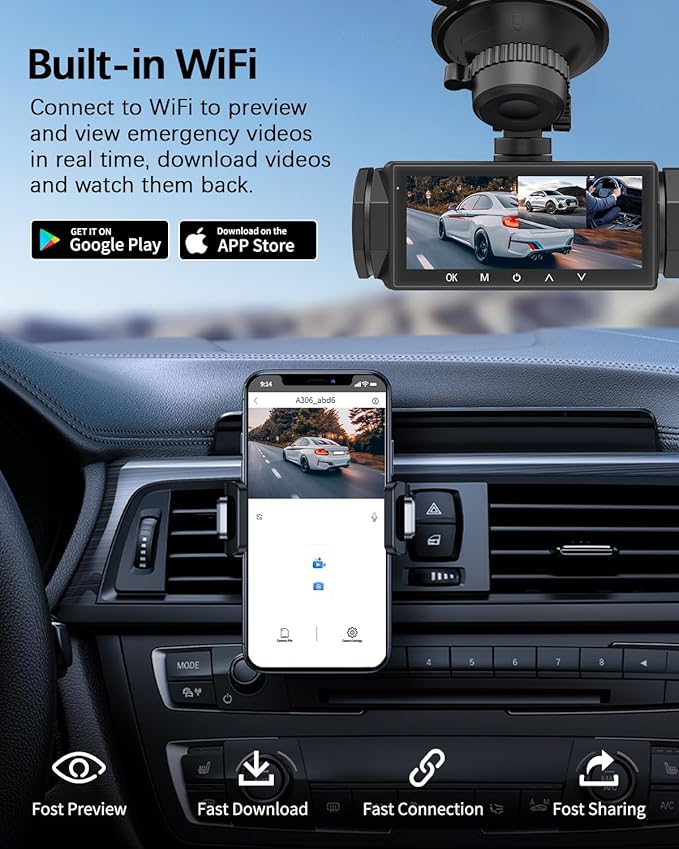 Dash Cam Front and Rear, 1080P Dash Camera for Cars, 3 Channel Car Camera Front Rear and Inside/Back with 32GB Card 5G Wireless WiFi, Loop Recording, Night Vision, HDR, G-Sensor, 24Hr Parking