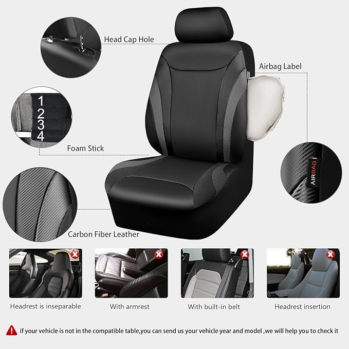 CAR PASS Premium Carbon Fiber Leather Car Seat Covers Full Set and Waterproof Car Floor Mats,Airbag Compatible,Automotive Interior Covers for Sedans,Trucks,Vans,SUV with Car Carpet Mats(Black)
