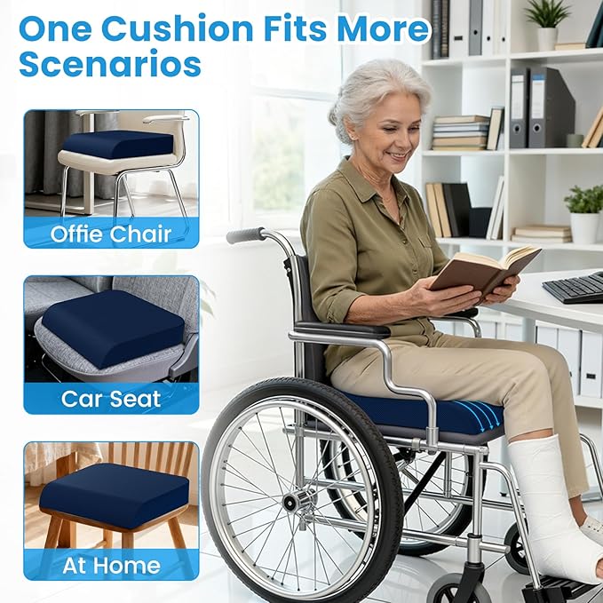 Wheelchair Seat Cushion - Cooling Gel & Memory Foam Office Chair Cushion with Non-Slip Bottom & Washable Cover, Ergonomic Car Seat Pillow for Sciatica, Tailbone, Back Comfort (Navy Blue)
