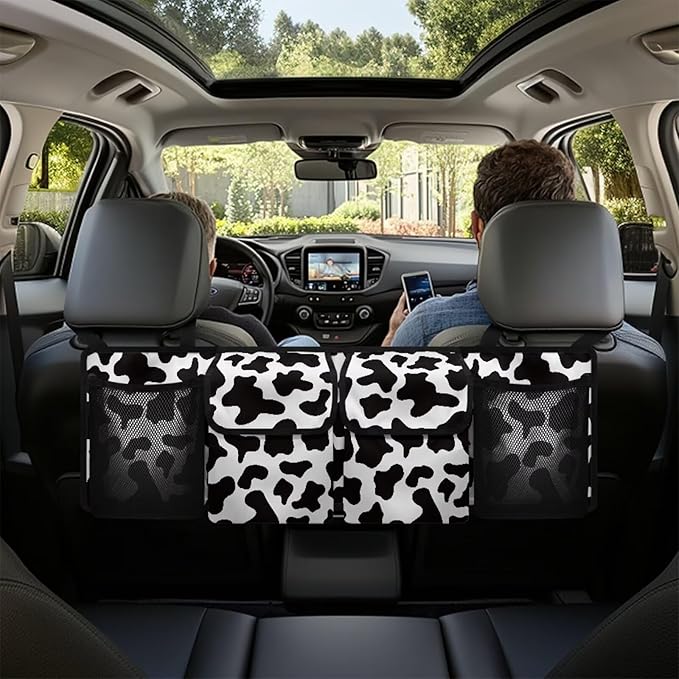 Black Cow Spots Car Trunk Organizer Sturdy Car Storage Organizer Auto Hanging Seat Back Storage for SUV,Truck,Van