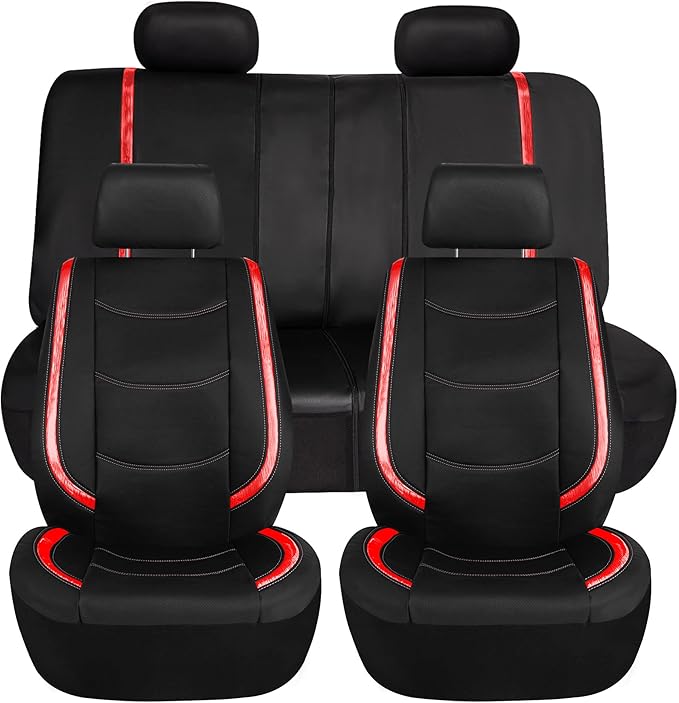 FH Group Full Set Faux Leather Car Seat Covers - Universal Fit, Low Back Front Seat Covers, Airbag Compatible, Split Bench Rear, Seat Cover for SUV, Sedan, Red