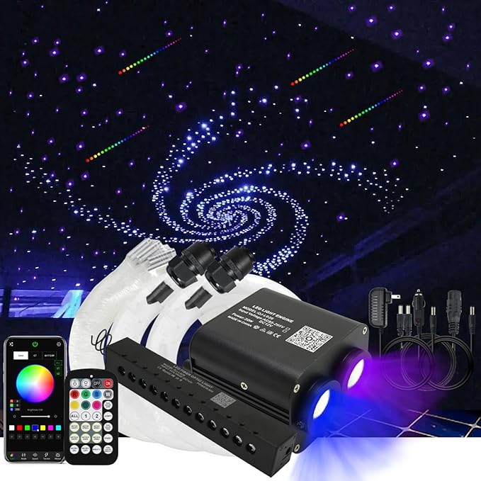 AKEPO 20W Twinkle Dual-Head Dual Color Fiber Optic Lights, Fiber Optic Colorful Meteor Light Kit Sound Activated APP/Remote Control for Car Starlights Headliner/Home 1300pcs 13.1ft/4m Fiber Strands