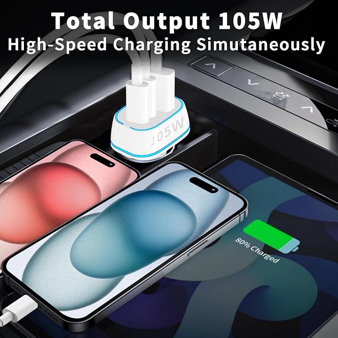 105W USB Car Charger 3-Port for Family Travel, PD 45W & QC3.0 30W Super Fast Charging for Multiple Devices, Cigarette Lighter with MFi Certified Carplay Cable Fast Charger for iPhone iPad
