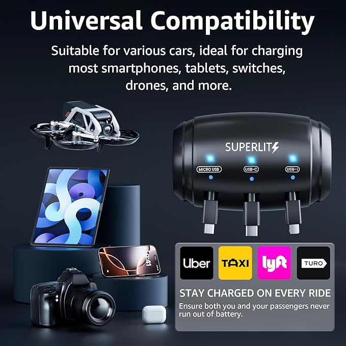 Superlit 3-in-1 Retractable Backseat Car Charger – Headrest Mount Charging Station for Uber, Lyft and Rideshare Drivers, Fast Multi USB Charging Device for Passengers Compatible with All Phones