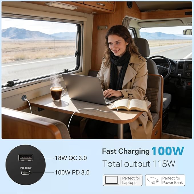 Acegoo 118W 12V USB Outlet 100W Type-C Laptop Car Charger,18W QC3.0 USB-A Dual Port Fast Charging Socket, Replacement Car Charger Accessories for RV Camper Trailer Truck Boat Golf (2Pcs)