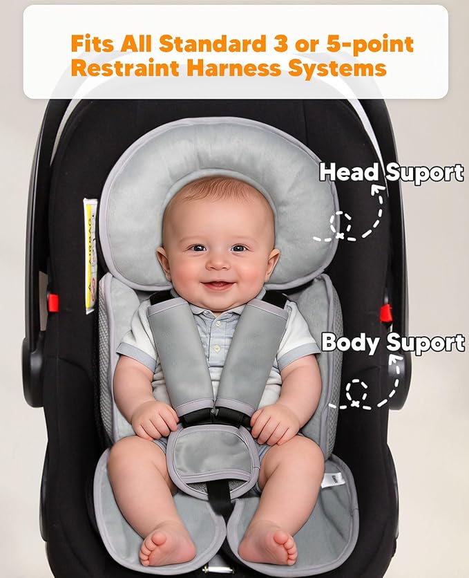 Infant Car Seat Insert for Newborn Girls Boys, 3 in 1 Reversible Cushion for Carseat with Strap Pads Buckle Cover Extra Soft Carseat Support Pad for All Season, Grey