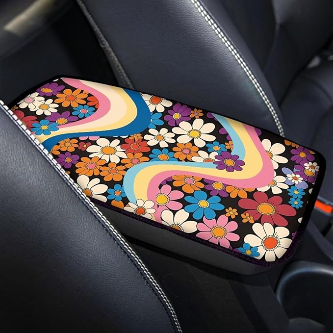 Hippie Floral 70s Car Center Console Cushion Pad Flower Hippy Armrest Box Protector Cover Universal Fit Dustproof Car Arm Rest Cover Auto Interior Decoration
