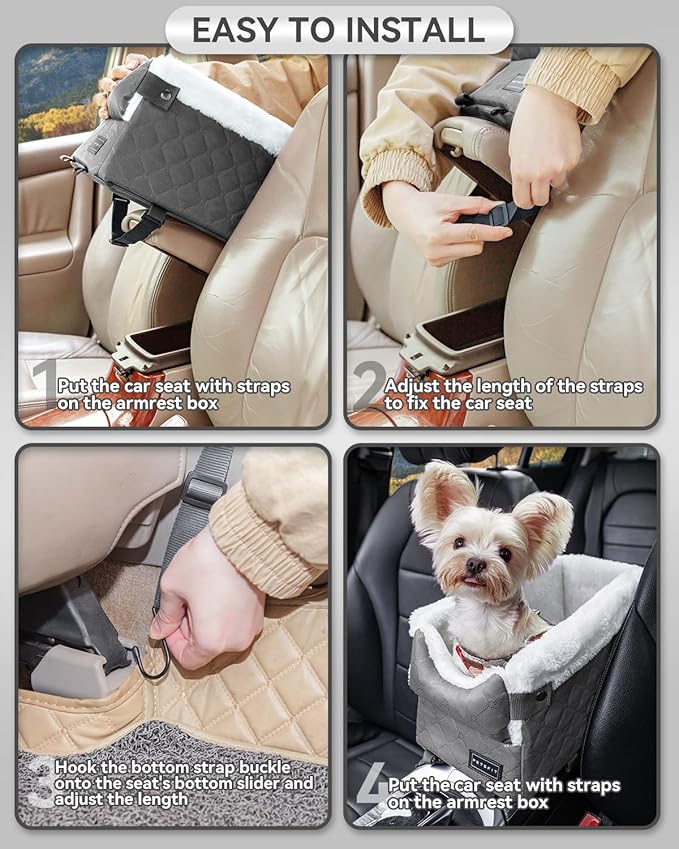 PETSFIT Center Console Dog Car Seat with Safe Protection Hooks, Pet Car Seat with Upgraded Safety Tethers, Washable Cushion, Console Dog Car Seats for Small Dogs Up to 8 Lbs (Grey)
