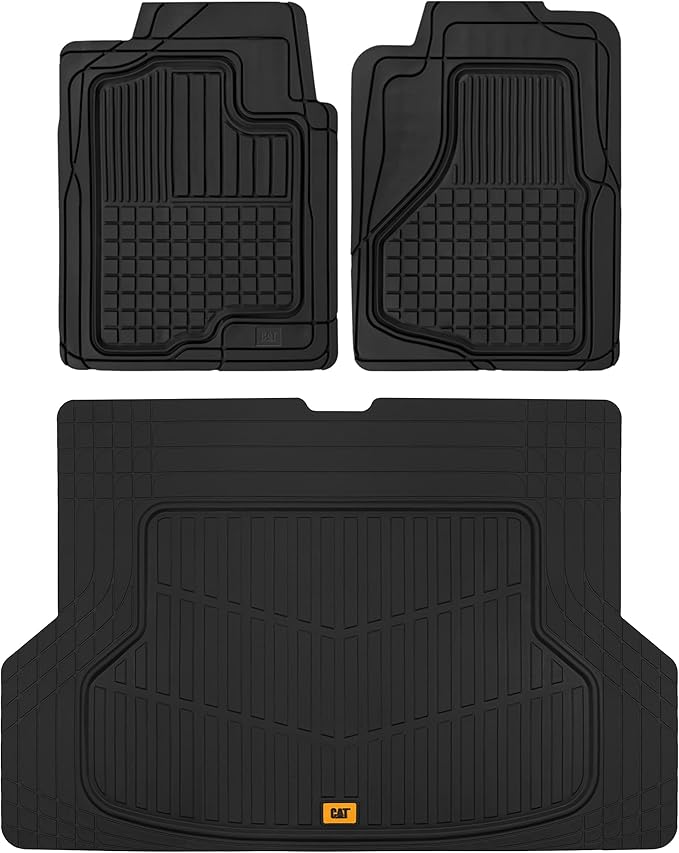 CAT® Large Heavy Duty Rubber Floor Mat & Cargo Trunk Liner for Car, SUV, Van, Sedan, Truck – Trim-to-Fit, All-Weather Deep Dish Ridges for Dirt Protection, Front and Rear Mats Black