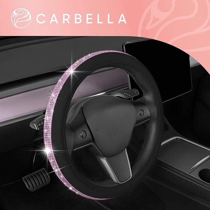 Carbella Leatherette Crystal Bling Steering Wheel Cover for Car SUV, Glitter Sparkle Rhinestone Cute Car Accessories for Women Universal Fit Standard Size (Fits 14.5"-15") - Black w/Pink Bling