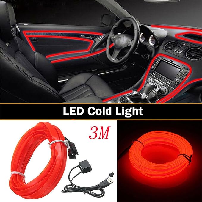Riloer El Wire Lights for Car, Interior Neon Lights Strip Car LED Strip Light Interior for Car Garden Party Decoration, Car Ambient Lighting Kits, 5m/16.4ft Red LED
