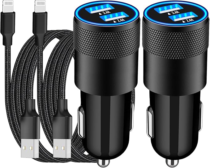 [Apple MFi Certified] iPhone Fast Car Charger, Braveridge 2Pack 4.8A Dual USB Car Power Cigarette Lighter USB Car Carplay Charger with Lightning Braided Cable for iPhone 14 13 12 11 Pro XS XR X 8 iPad