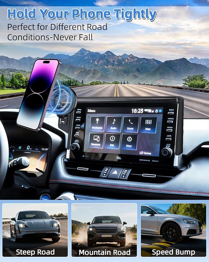 PZK Car Phone Holder for Toyota RAV4 2019 2020-2023 2024 2025 Hybrid LE/XLE/Premium Accessories 7/8-Inch Screen 360° Rotation Phone Mount Compatible with Magsafe Not Affect Vent (Not fit 9/10.5 inch)