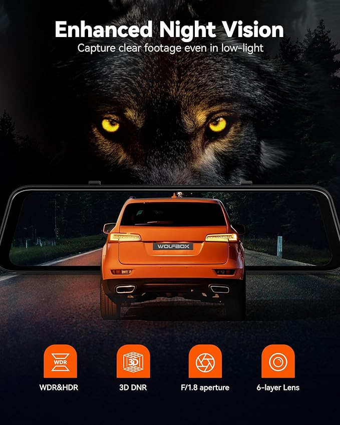 WOLFBOX G850 PRO 4K Mirror Dash Cam with ADAS and BSD, Smart Rear View Mirror with 5.8GHz WiFi, Voice Control, 12 inches Camera Includes 64GB Card, GPS, G-Sensor, Loop Recording