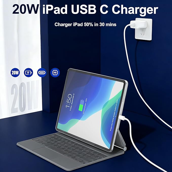 USB C iPad Fast Charger,2018-2026 iPad Charger Fast Charger Wall Block with 3FT USB C to C Cable Cord for iPad Pro M5/M4/13/12.9/11,iPad Air M4/M3/M2/4th/5th Gen,Mini 6th/A17 Pro,iPad 10/A16